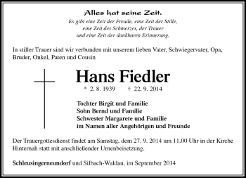 Traueranzeige von Hans Fiedler von Südthüringer Presse