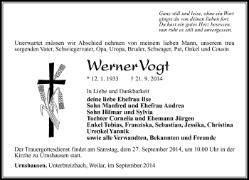 Traueranzeige von Werner Vogt von Südthüringer Presse