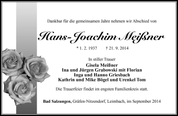 Traueranzeige von Hans-Joachim Meißner von Südthüringer Presse