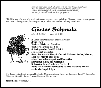 Traueranzeige von Günter Schmalz von Südthüringer Presse