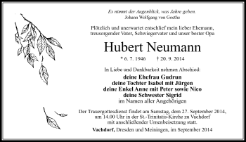 Traueranzeige von Hubert Neumann von Südthüringer Presse