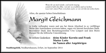 Traueranzeige von Margit Gleichmann von Südthüringer Presse