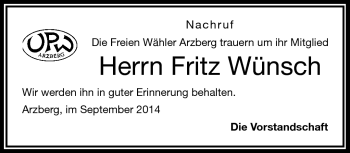 Traueranzeige von Fritz Wünsch von Frankenpost
