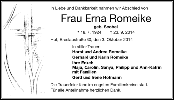 Traueranzeige von Erna Romeike von Frankenpost