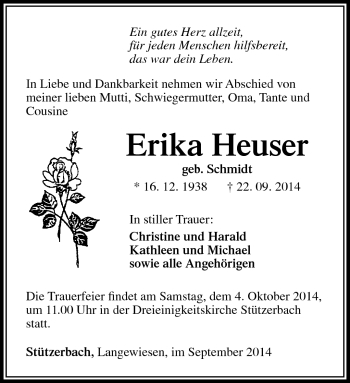 Traueranzeige von Erika Heuser von Südthüringer Presse