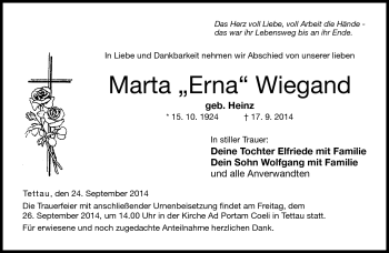 Traueranzeige von Marta Wiegand von Neue Presse Coburg
