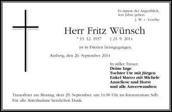 Traueranzeige von Fritz Wünsch von Frankenpost