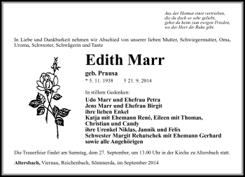 Traueranzeige von Edith Marr von Südthüringer Presse