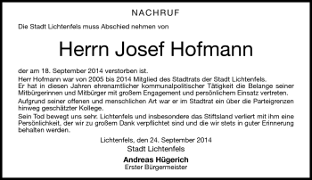 Traueranzeige von Josef Hofmann von Neue Presse Coburg