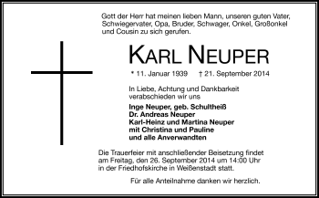 Traueranzeige von Karl Neuper von Frankenpost