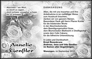 Traueranzeige von Annelie Genßler von Südthüringer Presse