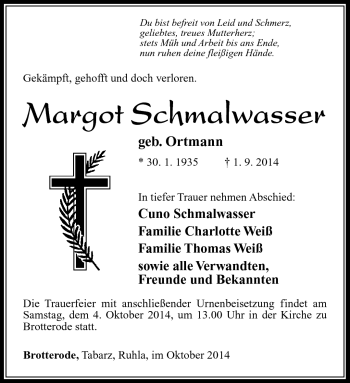 Traueranzeige von Margot Schmalwasser von Südthüringer Presse