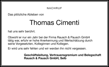 Traueranzeige von Thomas Cimenti von Frankenpost