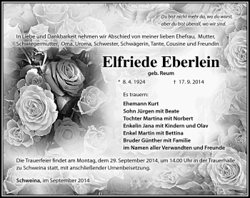 Traueranzeige von Elfriede Eberlein von Südthüringer Presse