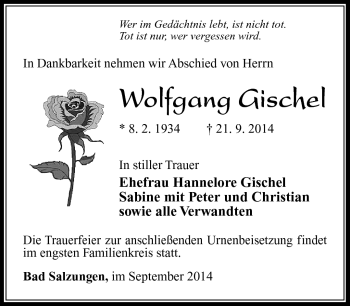 Traueranzeige von Wolfgang Gischel von Südthüringer Presse