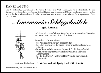 Traueranzeige von Annemarie Schlegelmilch von Südthüringer Presse