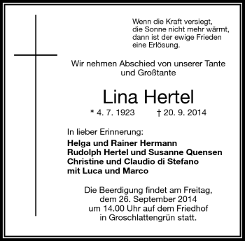 Traueranzeige von Lina Hertel von Frankenpost
