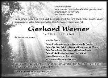 Traueranzeige von Gerhard Werner von Südthüringer Presse