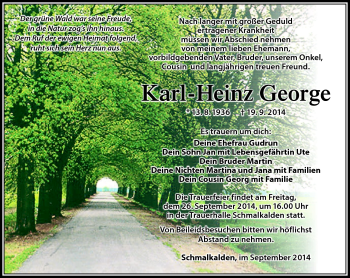 Traueranzeige von Karl-Heinz George von Südthüringer Presse