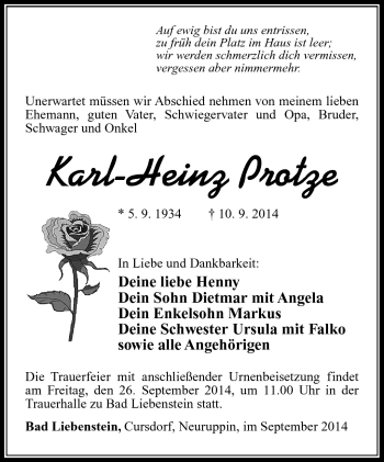 Traueranzeige von Karl-Heinz Protze von Südthüringer Presse