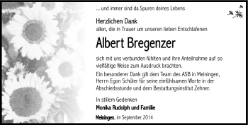 Traueranzeige von Albert Bregenzer von Südthüringer Presse