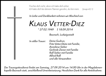 Traueranzeige von Klaus Vetter-Diez von Neue Presse Coburg