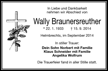 Traueranzeige von Wally Braunersreuther von Frankenpost