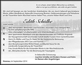 Traueranzeige von Edith Schülke von Südthüringer Presse