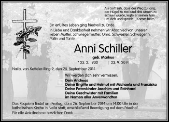 Traueranzeige von Anni Schiller von Frankenpost