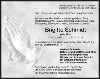 Traueranzeige von Brigitte Schmidt von Frankenpost
