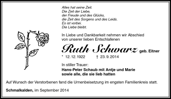 Traueranzeige von Ruth Schwarz von Südthüringer Presse