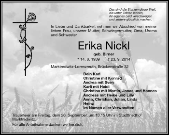 Traueranzeige von Erika Nickl von Frankenpost