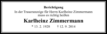 Traueranzeige von Karlheinz Zimmermann von Südthüringer Presse