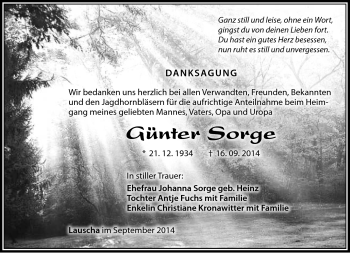 Traueranzeige von Günter Sorge von Südthüringer Presse