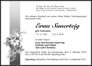 Traueranzeige von Erna Sauerteig von Südthüringer Presse