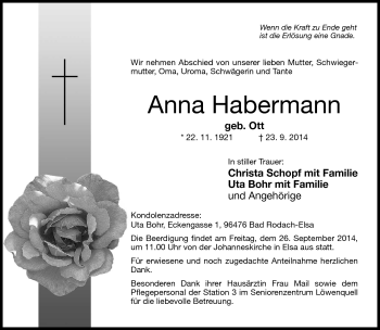 Traueranzeige von Anna Habermann von Neue Presse Coburg