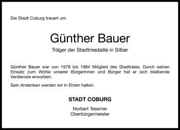 Traueranzeige von Günther Bauer von Neue Presse Coburg