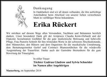 Traueranzeige von Erika Rückert von Südthüringer Presse