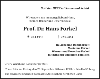 Traueranzeige von Hans Forkel von Neue Presse Coburg