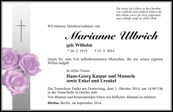 Traueranzeige von Marianne Ulbrich von Südthüringer Presse