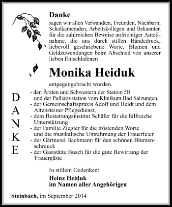 Traueranzeige von Monika Heiduk von Südthüringer Presse