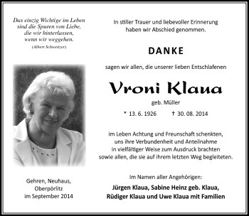 Traueranzeige von Vroni Klaua von Südthüringer Presse