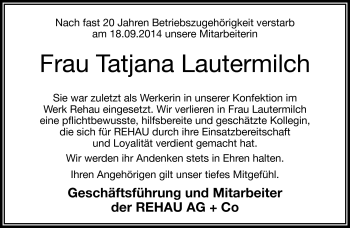 Traueranzeige von Tatjana Lautermilch von Frankenpost