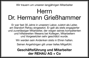 Traueranzeige von Dr. Herrmann Grießhammer von Frankenpost