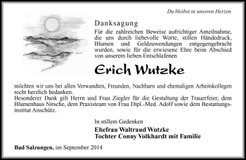 Traueranzeige von Erich Wutzke von Südthüringer Presse