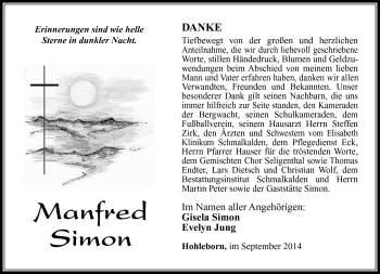 Traueranzeige von Manfred Simon von Südthüringer Presse