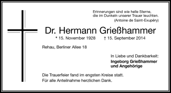 Traueranzeige von Hermann Grießhammer von Frankenpost