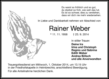 Traueranzeige von Rainer Weber von Frankenpost