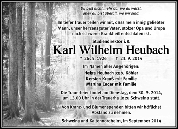 Traueranzeige von Karl Wilhelm Heubach von Südthüringer Presse