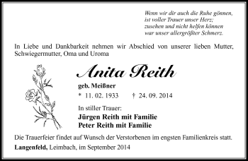 Traueranzeige von Anita Reith von Südthüringer Presse